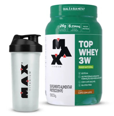 Kit Top Whey 3W+Natural (900g) e Coqueteleira Incolor Brinde - Max Titanium